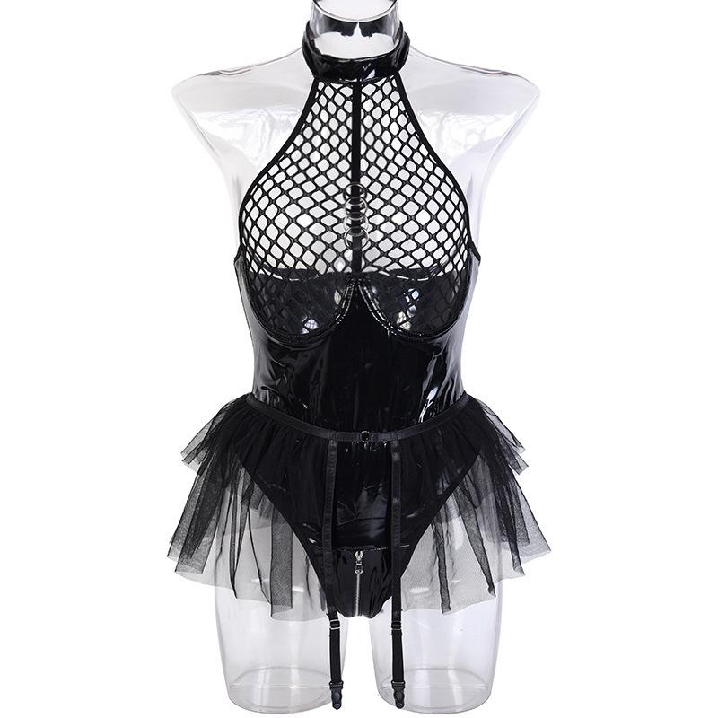 European & American Patent Leather Mesh Hollow-Out Sexy Lingerie Bodysuit Set