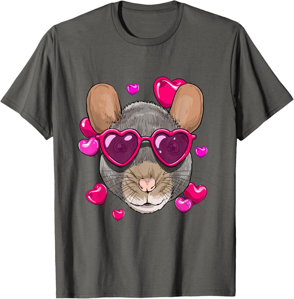 Valentine Chinchilla Rat Lover Heart Sunglasses Graphic Tee Cute Rodent Animal T-Shirt