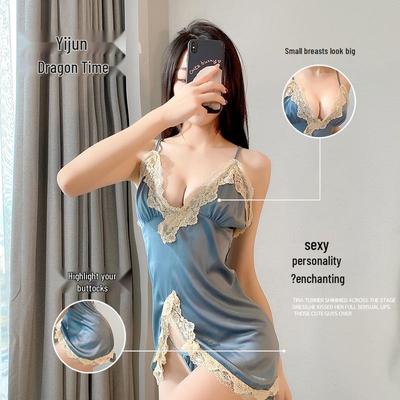 Ice Silk Lace Lingerie: Sexy Backless Nightdress with Slit
