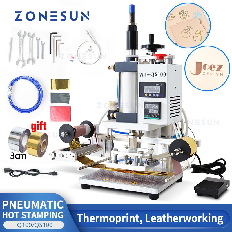 ZONESUN Pneumatische Stanzmaschine Heißpresse Digital Buch Lederbearbeitung Papier Holz Benutzerdefiniertes Logo Prägung Folienzuführer ZS-QS100
