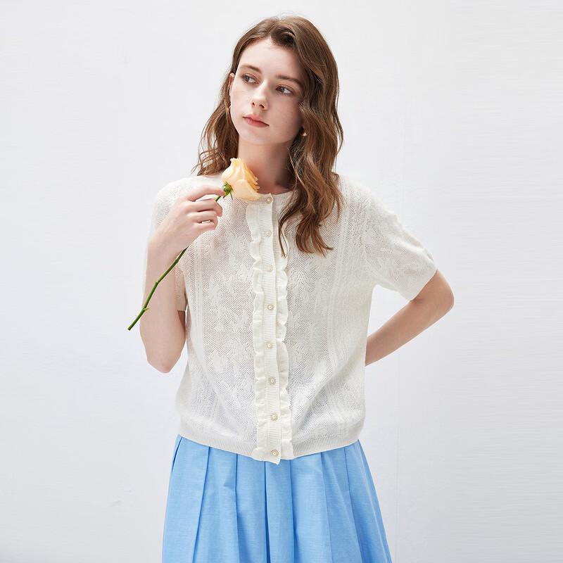 Komomboka Women's Linen Blend Lace Trim Short Sleeve Knit Cardigan