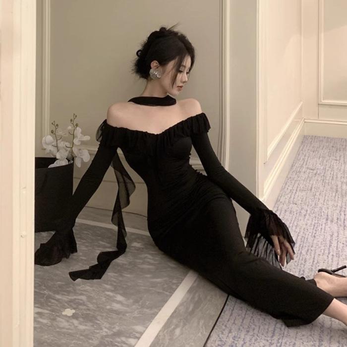French Hepburn style black one-word shoulder dress women s new autumn high-end sexy hip-wrapped dress dress S чёрный