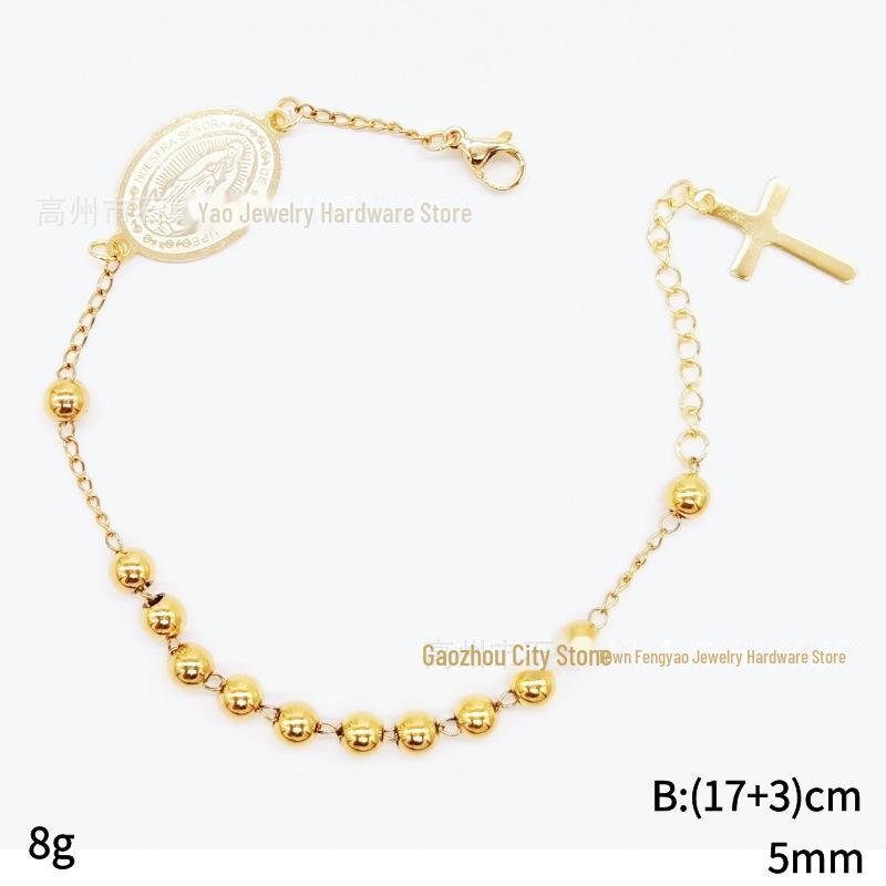 Bracelet Religieux Croix en Perles d'Acier Inoxydable 5mm