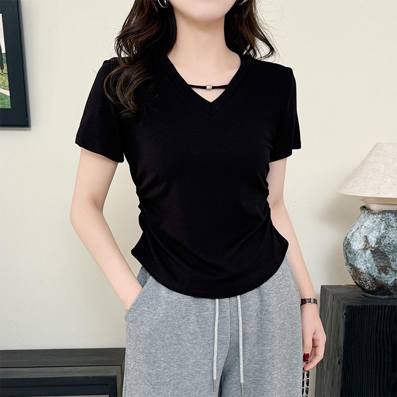Women V Neck Short Sleeve Tee With Neck Bar Detail Side Ruched Curved Hem Casual Top