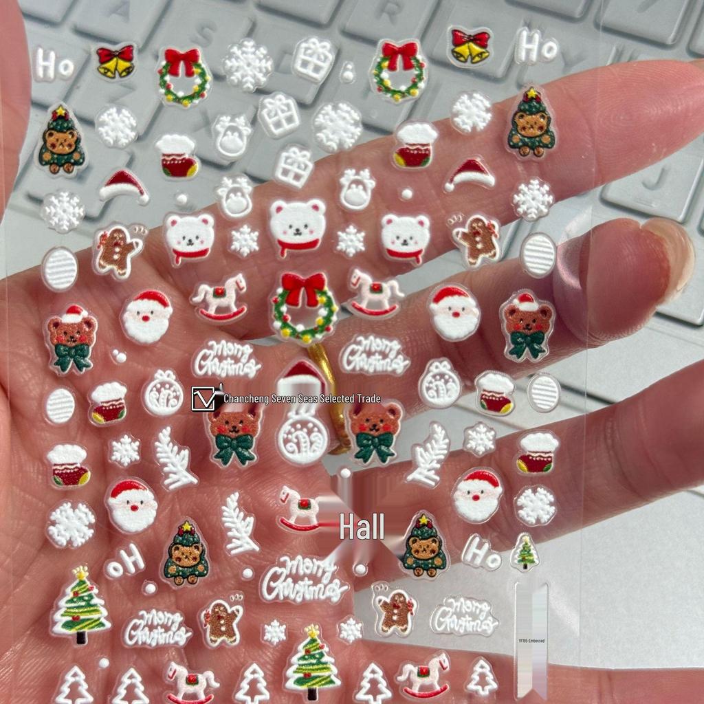 Autocollants pour ongles de Noël mignons 5D: Ours Blanc, Bonhomme en Pain d'Épice, Rennes, Dessin Animé, Bricolage, Autocollant