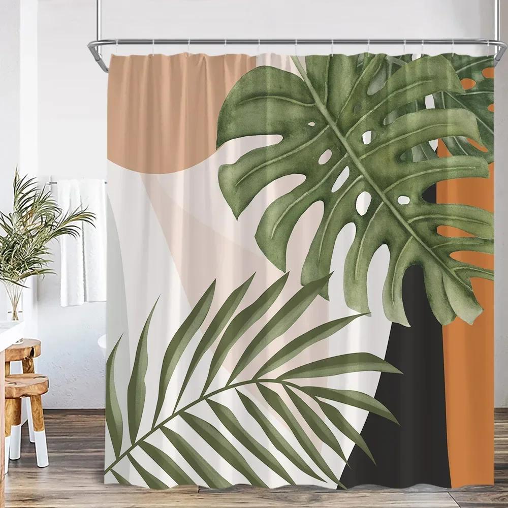 Vintage Abstract Shower Curtain Green Leaf Geometric Nordic Modern Bathtub Decorative Simple Polyester Shower Curtain with Hook