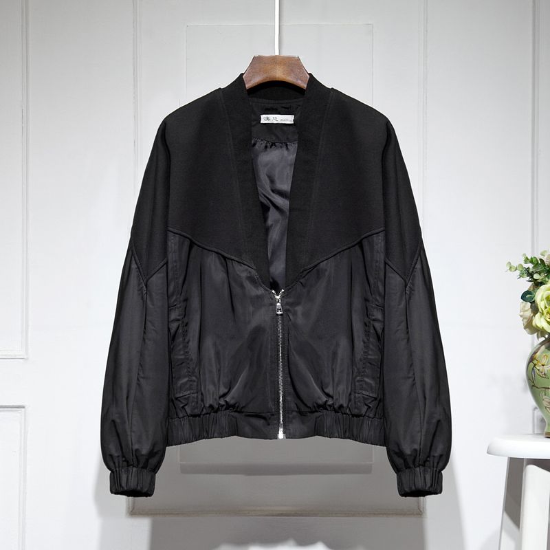 

Весна 2022 Новая Куртка с бейсбольным воротником, пэчворк, длинный рукав, на молнии, короткое пальто, повседневный стиль, универсальная, свободная, в стиле BF, модный топ Black One size