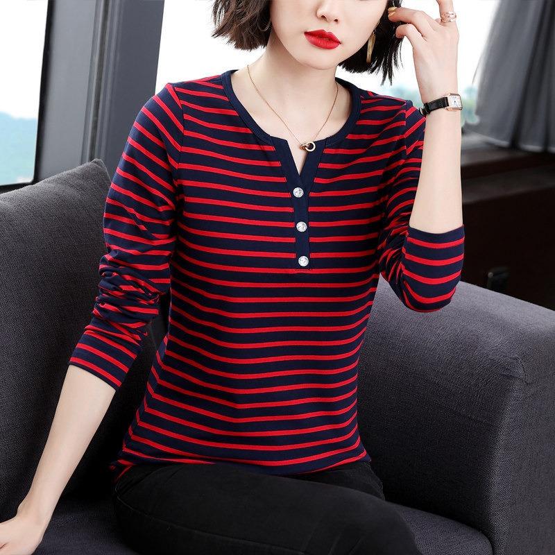Long Sleeve Striped V Neck T Shirt Women Fitted Plus Size Casual Top