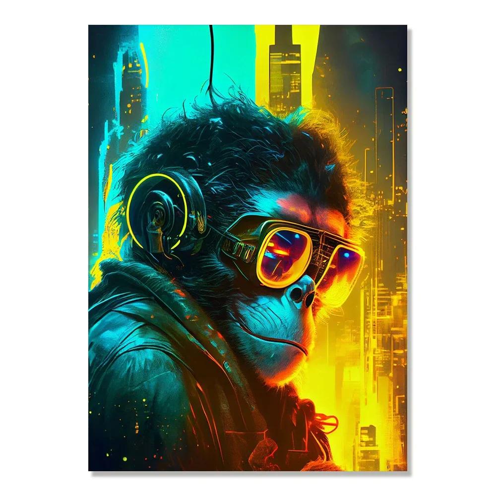 Cyberpunk Style Future Fantasy Lion Monkey Agent Animal Poster Wall Art Canvas Painting for Living Room Home Decoration