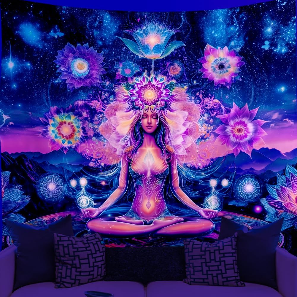 WEBEEDY Black Light Seven Chakra Spiritual Wall Tapestry UV Reactive Boho Lotus Yoga Meditation Tapestry Galaxy Space Planet Poster Wall Hanging for B 100X70CM