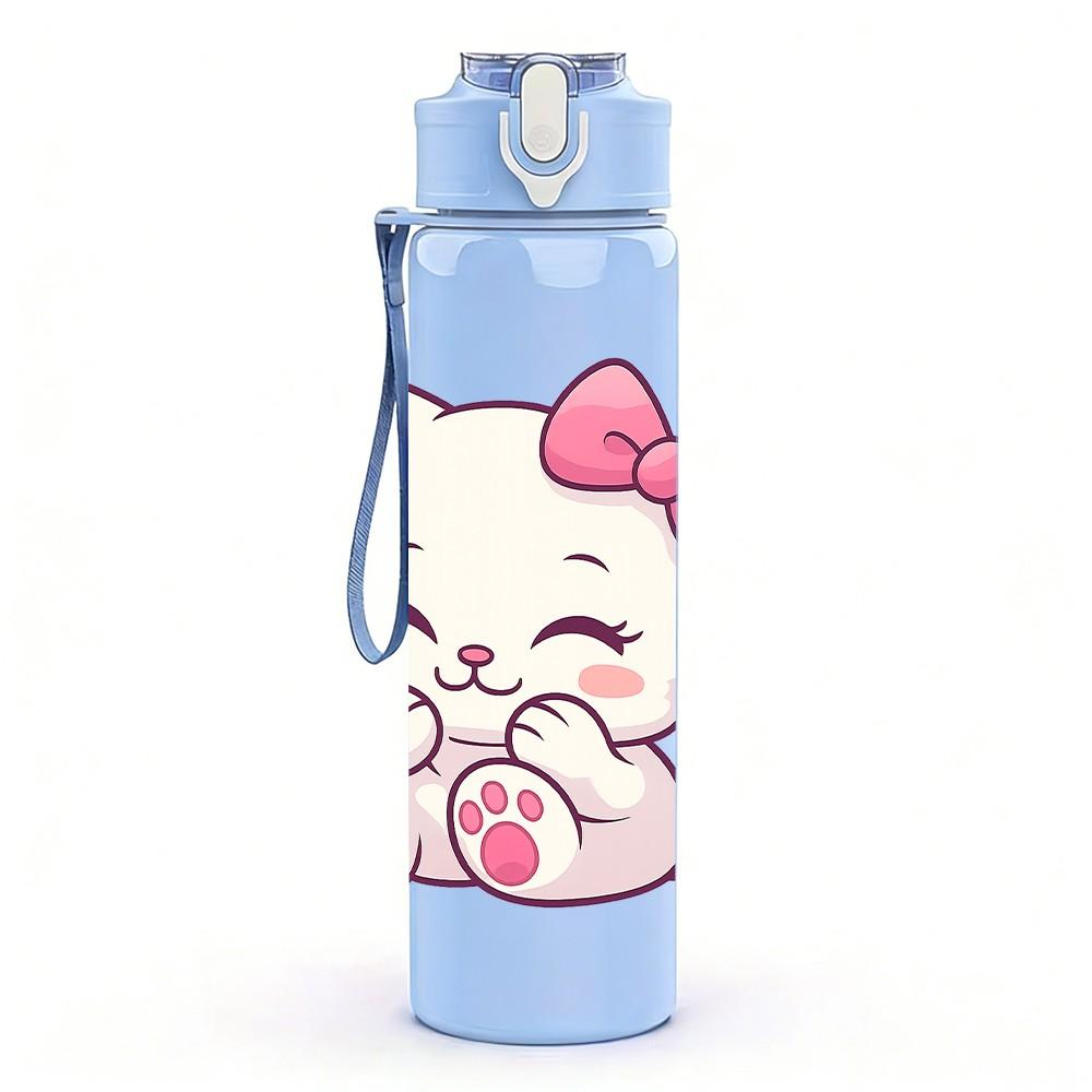 1PC Pink Kitty Cat Cute Cartoon Print 750ml Color Plastic Sports Water Bottle Leakproof Flip Straw Lid Suitable for Sports Office Home Use