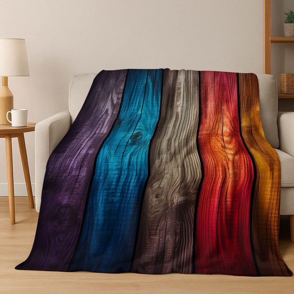 Regenboog Retro Houten Bord Zwart Bruin Houtnerf Flanellen Deken, Gezellige Zachte Plaid voor Huis Slaapkamer Bed Bankhoes Cadeau
