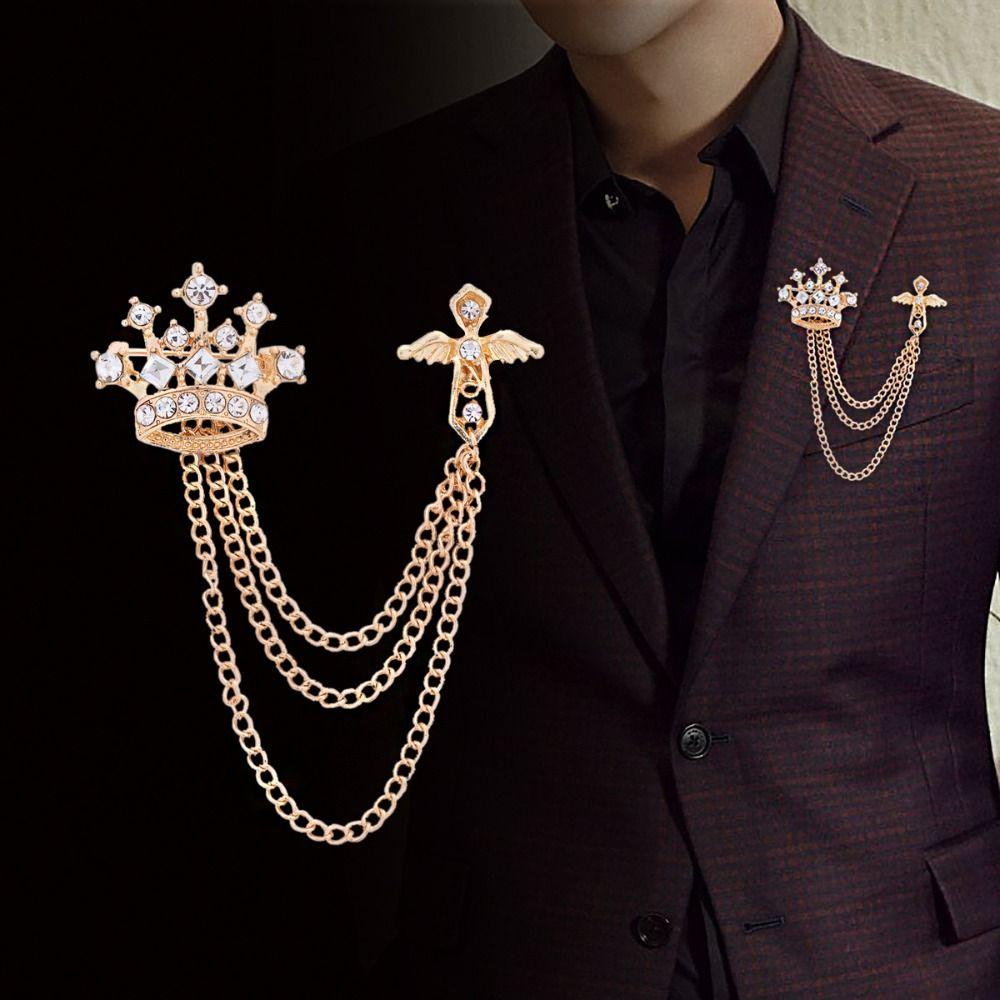 Rhinestone Crown Tassel Brooch Cross Suit Collar Pin Unique Suit Lapel Pin Male Charm