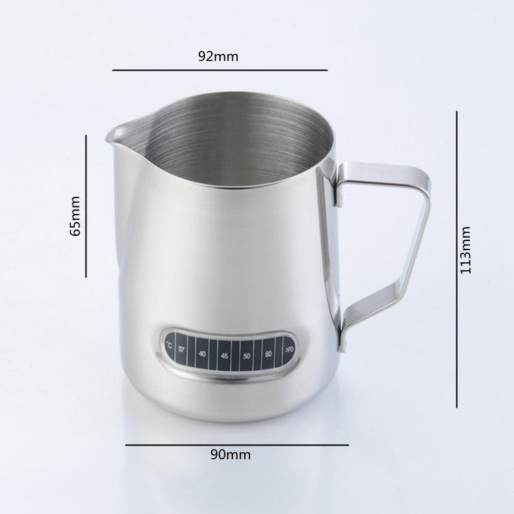 Kaffekopp i rustfritt stål med termometer og helletut, multifunksjonell måle- og bakekopp for hjemmebruk.