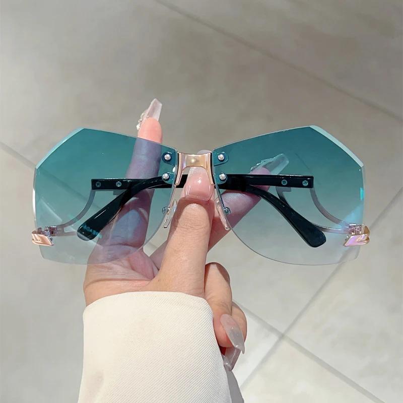 Rimless Irregular Sunglasses  New Chic Gradient Ocean Lenses Shades Trendy Stylish Design Hollowed Legs Sun Glasses