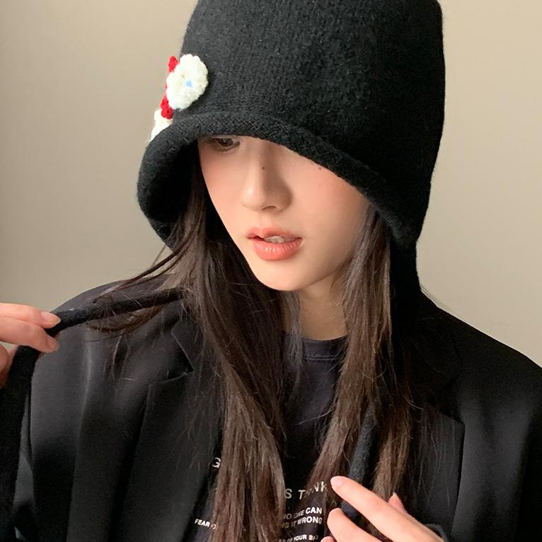 Autumn and Winter Lace-up Hat Women's Windproof and Warm Stack Hat Personalized Flower Hat