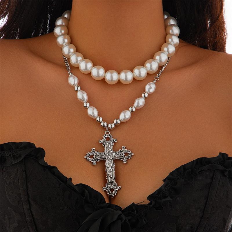 1/2 Stücke Perlenkreuz Halskette Großes Kreuz Anhänger Halsketten Für Frauen Klobige Perlenkette Gothic Punk Vintage Kreuz Halskette