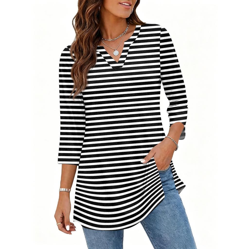 Damen V-Ausschnitt 3/4 Ärmel Pullover Tunika Oberteil mit Streifenmuster Lockerer Schnitt Lässige Mittellange Bluse für den täglichen Gebrauch
