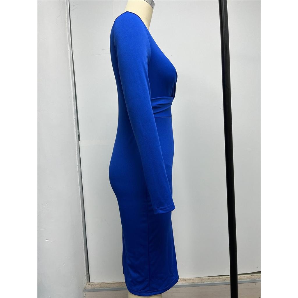 Damen Langarm Rundhals Französisch Retro Slim Langes Kleid