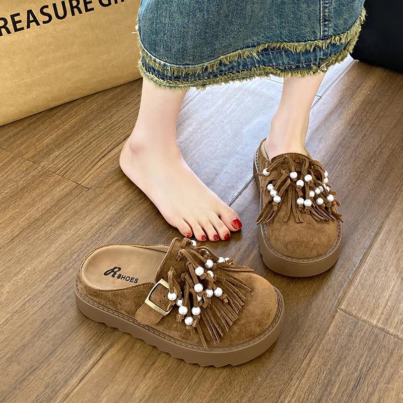 Women's Fashion Baotou Slippers Spring New Suede Round Head Deep Mouth Thick Anti-slip Wear-resistant Flat Shoes