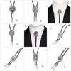 Mens Bolo Tie Necktie Vintage Leather Braided Rope Necklace with Metal Wolf Head Stone Pendant Jewelry Cowboy Necktie