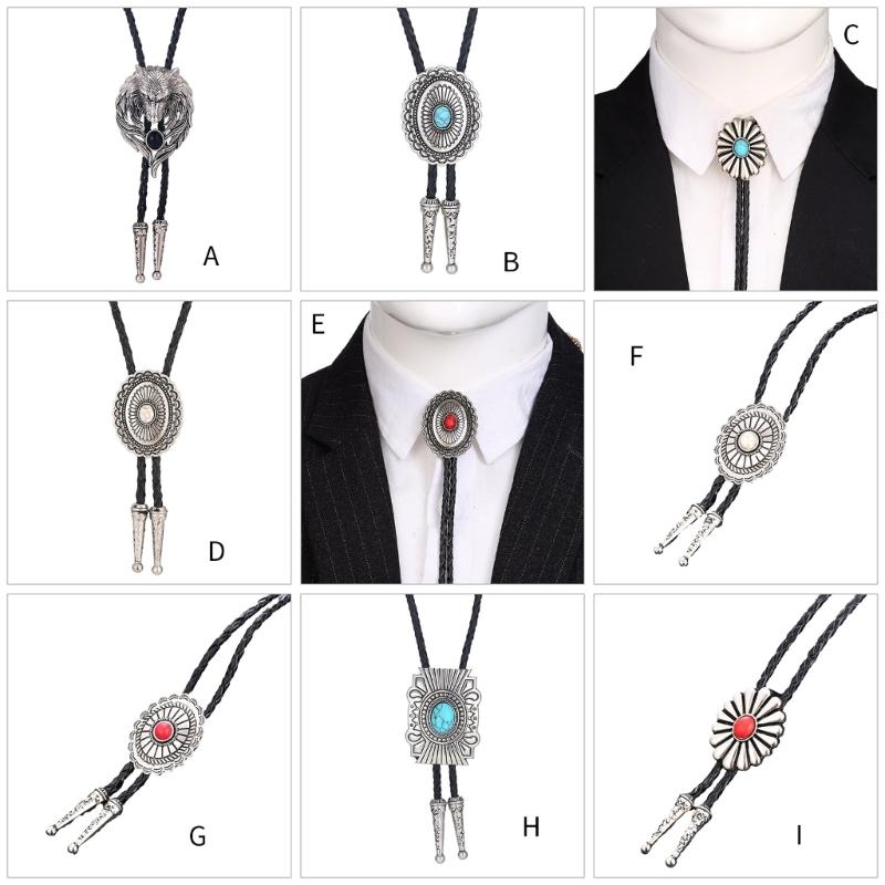 Mens Bolo Tie Necktie Vintage Leather Braided Rope Necklace with Metal Wolf Head Stone Pendant Jewelry Cowboy Necktie