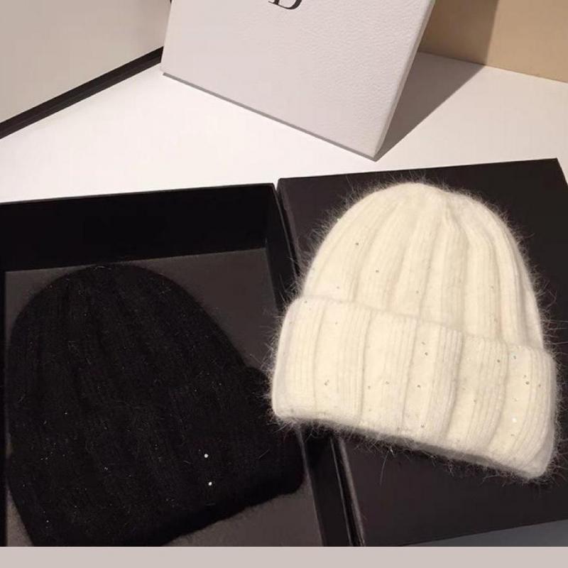Knitted Beanie Winter Hats Women Men Rabbit Fur With Sequin Wide Stripe Design, Small Face Friendly, Warm & Fashion