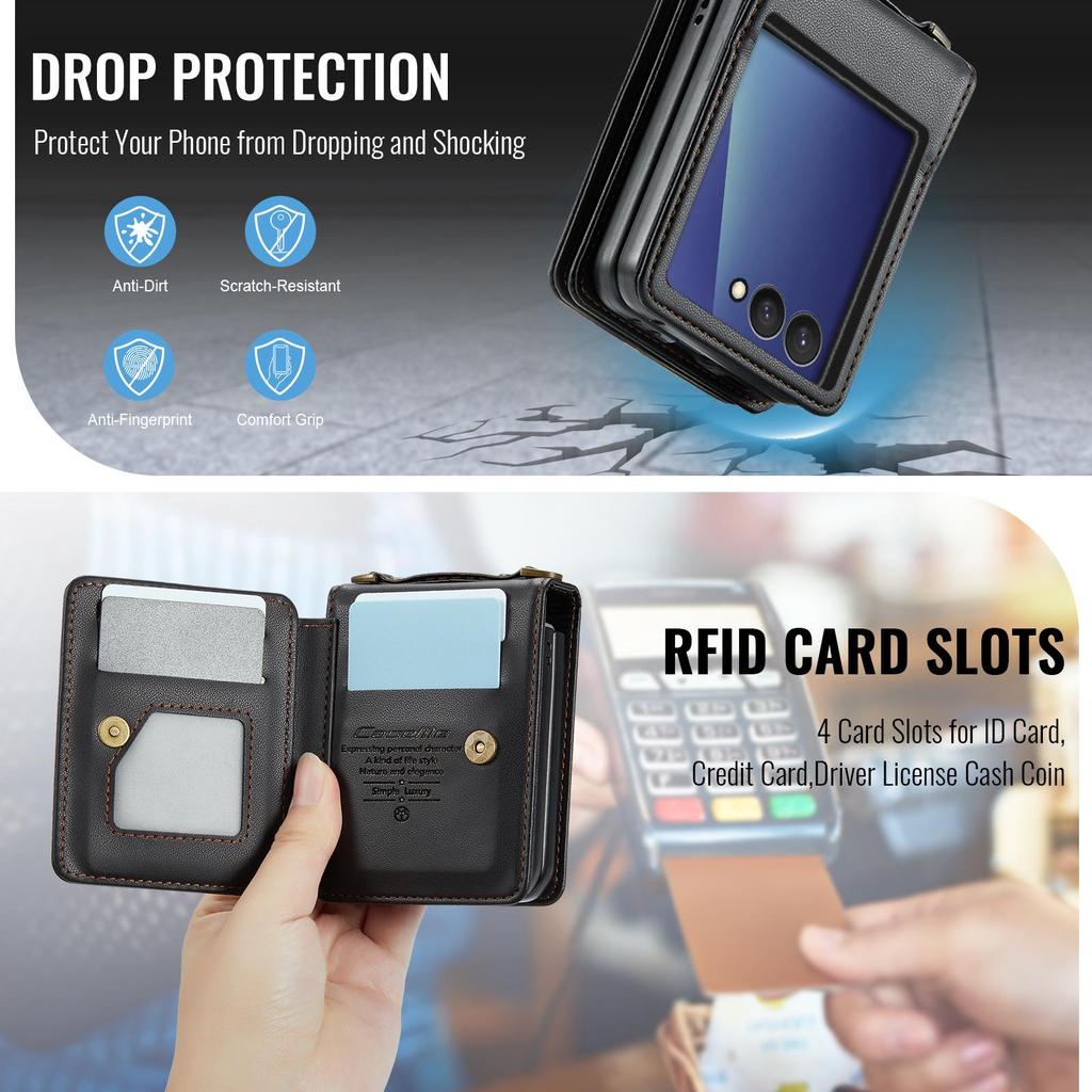 Samsung Galaxy ZFlip7/6/5 Leder Handyhülle mit Umhängeband und Kartenhalter