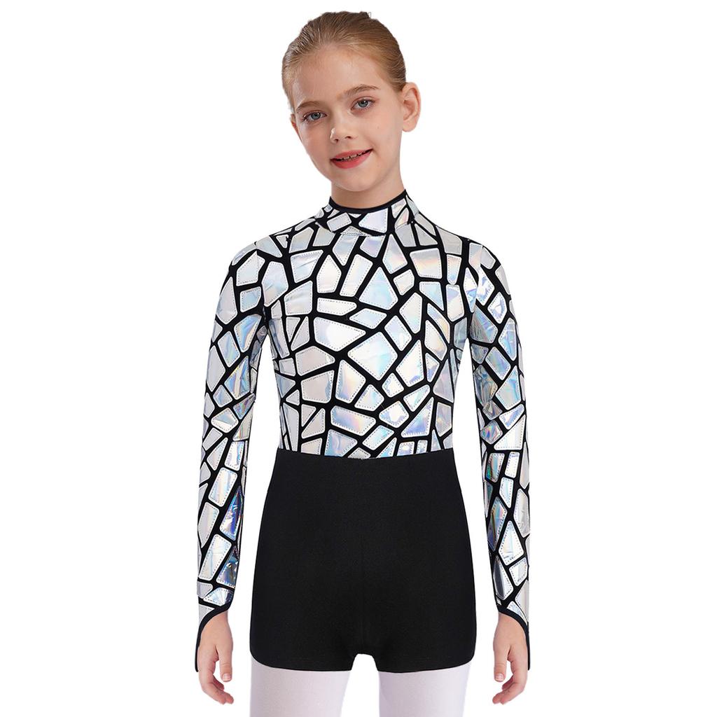 Sparkling Metallic Sequin Jumpsuit for Girls: Mock Neck Long Sleeve Keyhole Back Bodysuit for Gymnastics & Dance Shows