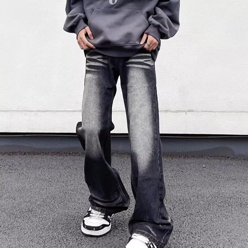 Manufacturer American retro washed black and gray micro-horn jeans men's high street style simple slim straight pants