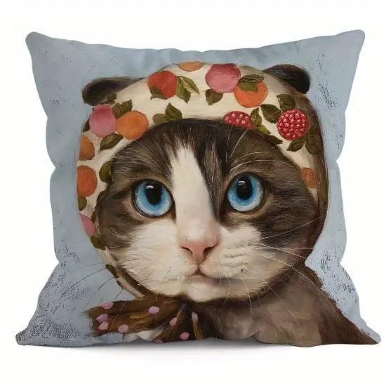 Home Decor Cute Cat With Floral Headwear Pillow Covers Pattern Cushion Cover Suitable For Sofa Bedroom Car Pillow Cover