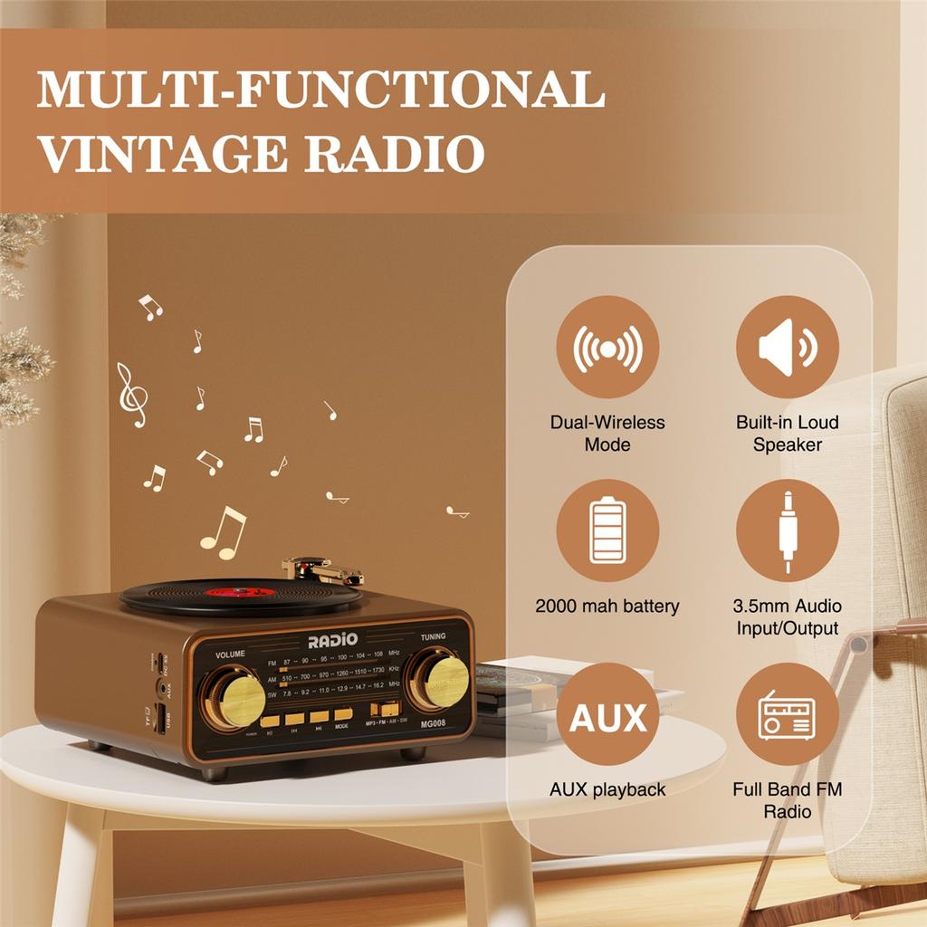 Retro Vinyl Player Style Radio, Portable FM/AM/SW & Wireless Streaming, Unique Vintage Decor For Home & Gift Idea