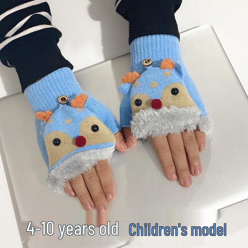 Children's Winter Cartoon Reindeer Flip-Top Half-Finger Gloves, Ages 4-10, Boys & Girls, Plus Velvet, Thick Cotton, Warm.