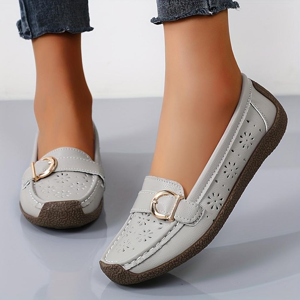 Ladies' Breathable White One Foot Loafers - Gold Buckle, Lightweight Casual Summer Shoes, Comfortable Daily Wear, Fashionable and Durable