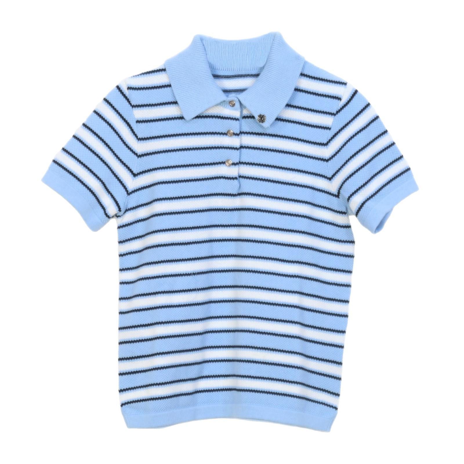 

2025 Spring/Summer Women s Color Block Striped Polo Collar Knit T-Shirt Small