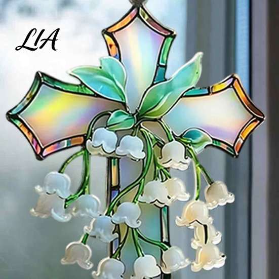 Botanical Art Hanging Decor Lily of The Valley Suncatcher, Acrylic Stained Glass Style Sun Catcher for Window Ornament with Metal Chain, Elegant