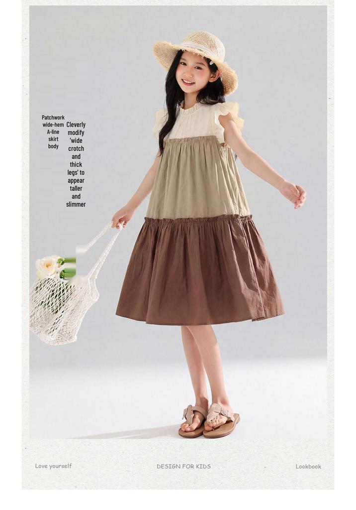 Japanese Mori Girl Style Cotton Sleeveless Summer Dress - Breathable, Patchwork, Layered, Color Block, Loose Fit