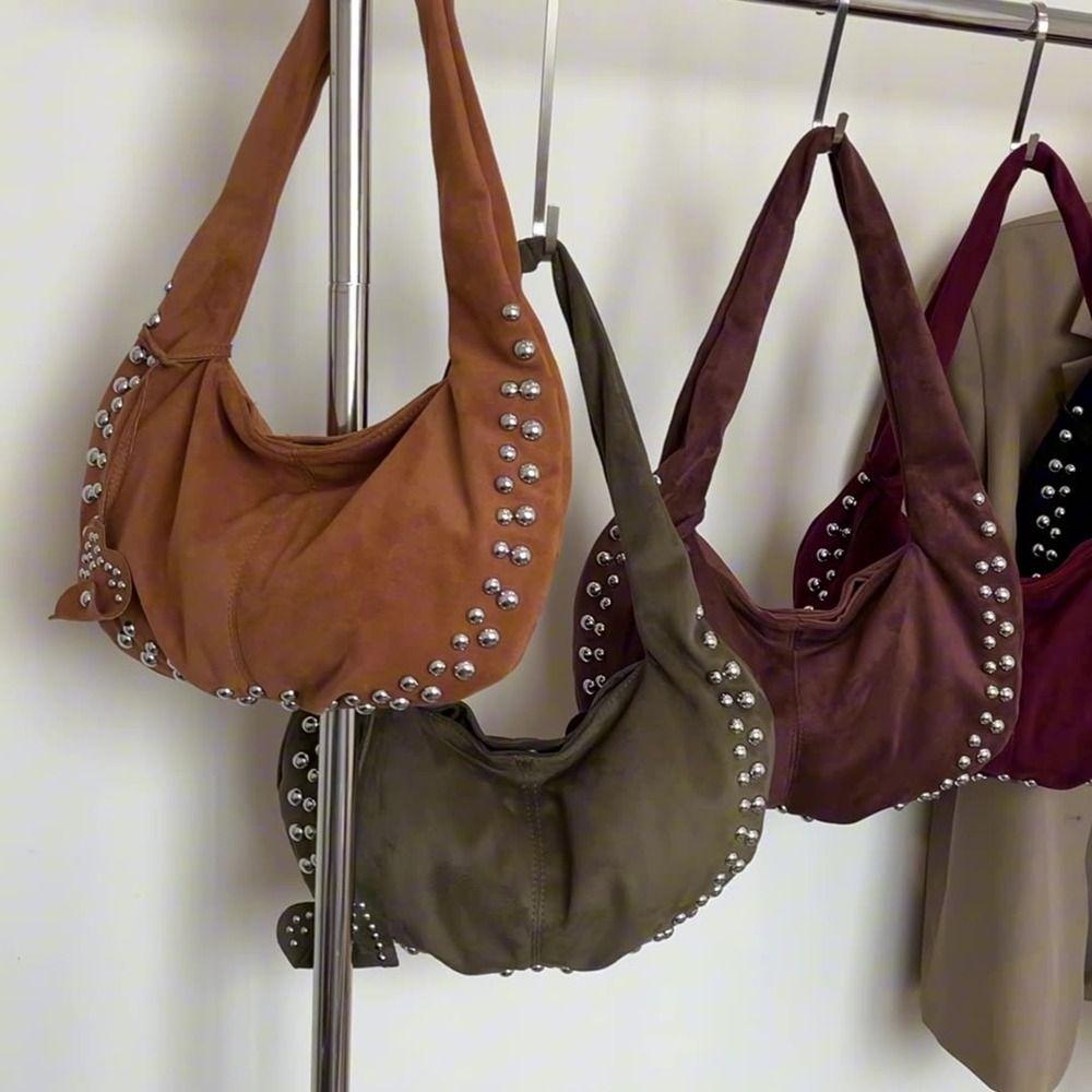 Large Capacity Locomotive Style Underarm Bag Fashion Design Rivet Shoulder Bag  Girls