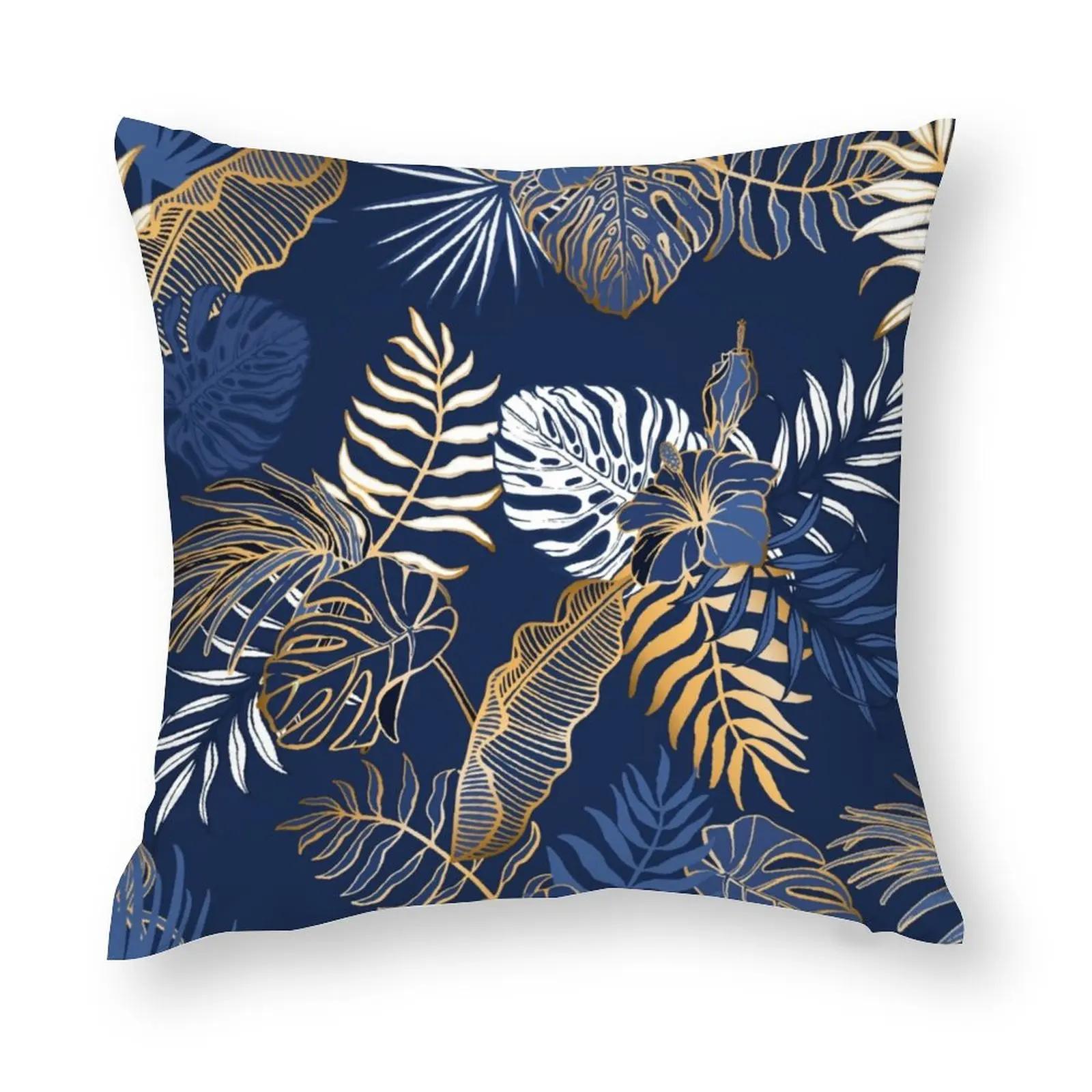 

Throw Pillow Cover 18x18 Inch Blue Gold Exotic Tropical Leaves Polyester New Square Slipover Double-Sided Printing Pillowcase 12x12Inch