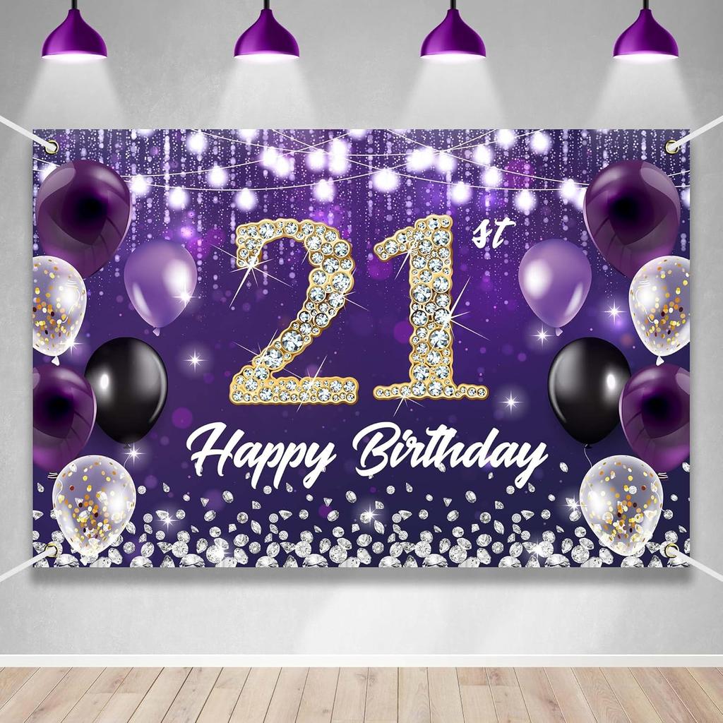 Happy 60th Birthday Backdrop Banner Purple Theme Background with Shiny Diamond Noble Elegant Birthday Party Photo Photography Prop Booth Background