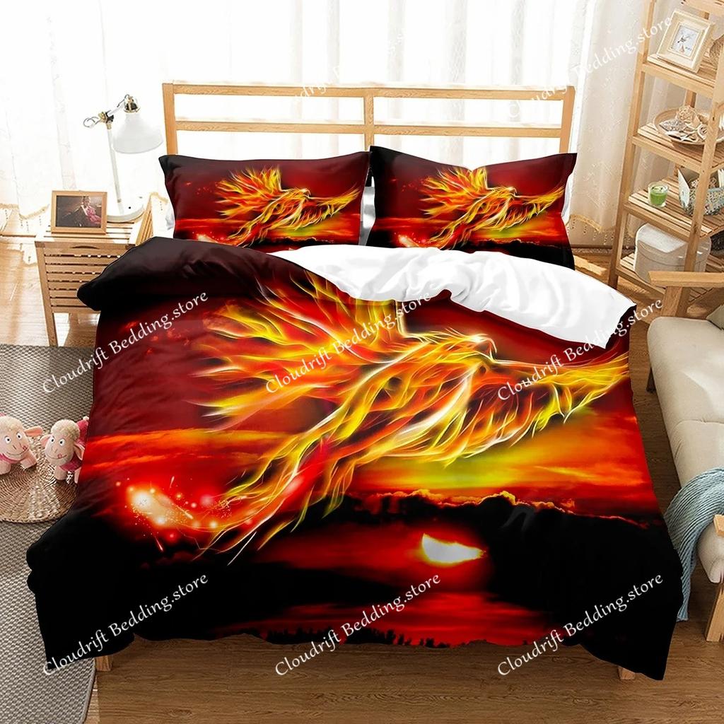 Phoenix Duvet Cover Set King Queen Size for Kids Boy Girls Bedding Set Yellow Animals Pattern Polyester Quilt Cover with Zipper