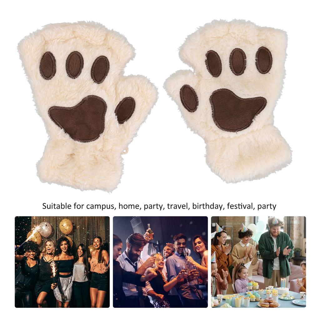 Cat Paw Gloves Thicken Keep Warm Velvet Breathable Half Finger Gloves Cute for Home Travel Beige