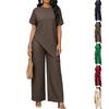 Women Loose Fit Round Neck Irregular Hem Mid Length Top Wide Leg Pants Casual Two Piece Set