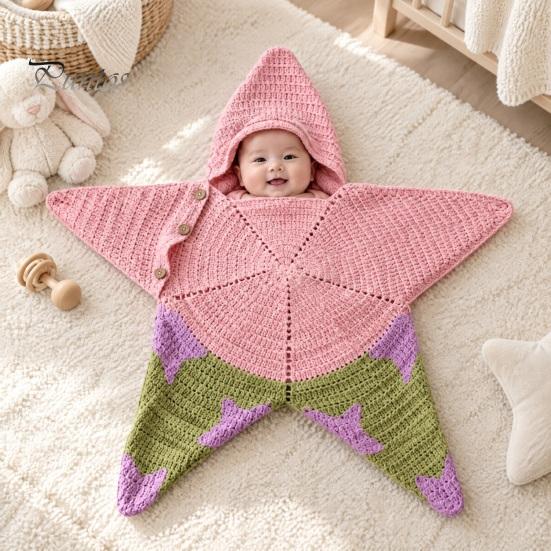 Cozy Wool Yarn Sleep Bag Star Knit Baby Sack, Christmas Newborn Swaddle with Hood, Cute Photo Outfit Soft Romper for 0-3 Months, Holiday Elastic Wrap