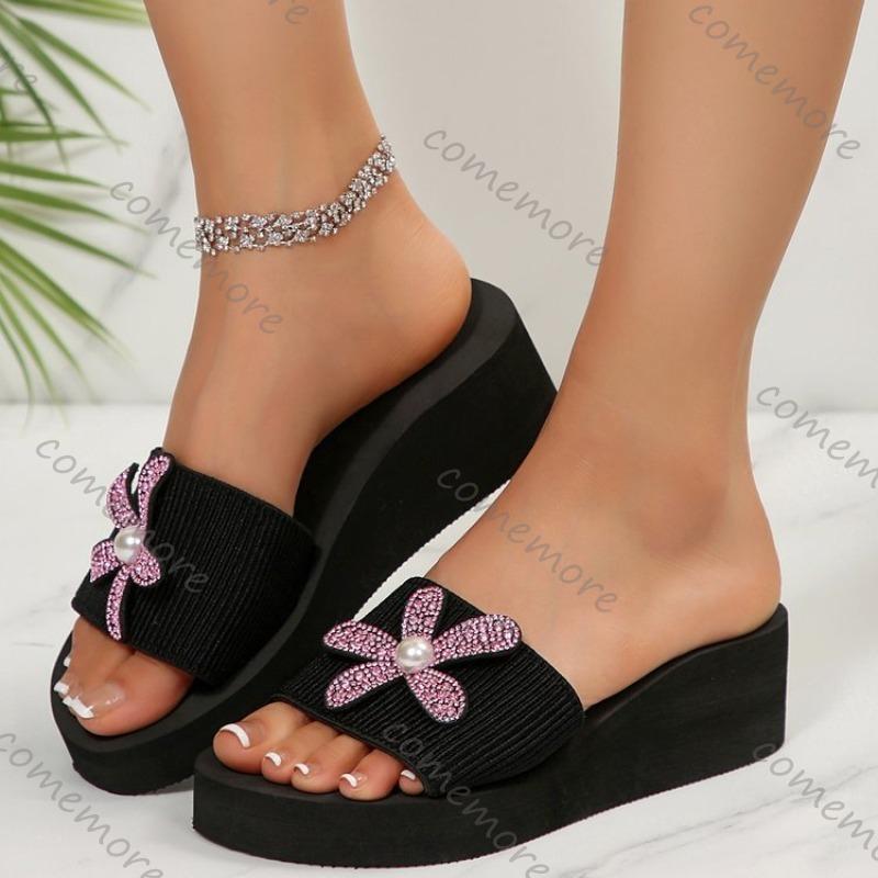Women's Casual Slippers Thick Soles Wedge Heel Open Toe Fashionable Floral Rhinestone Decorative Outdoor Casual Wear Flip Flops