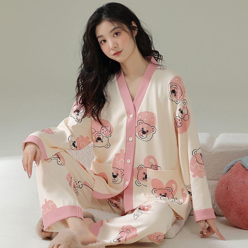 Pyjamas für Damen im Frühling und Herbst, Langarm-Set aus reiner Baumwolle, lockerer und süßer V-Ausschnitt, kann über dem Kimono und der Hauskleidung getragen werden