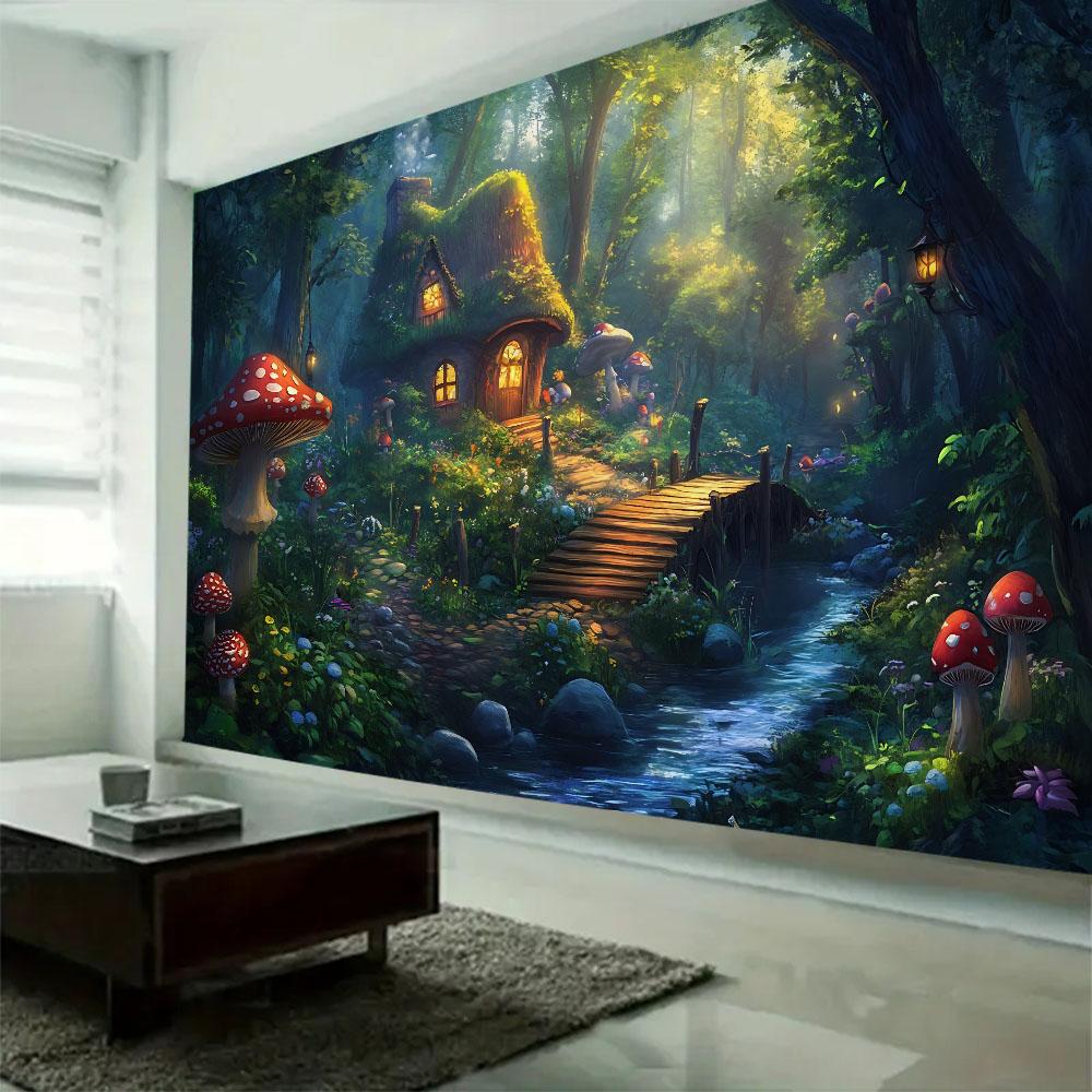 Psychedelic Mushroom Tapestry Fantasy Starry Forest Landscape Art Wall Hanging Mandala Boho Room Decor Yoga Mat Sheet