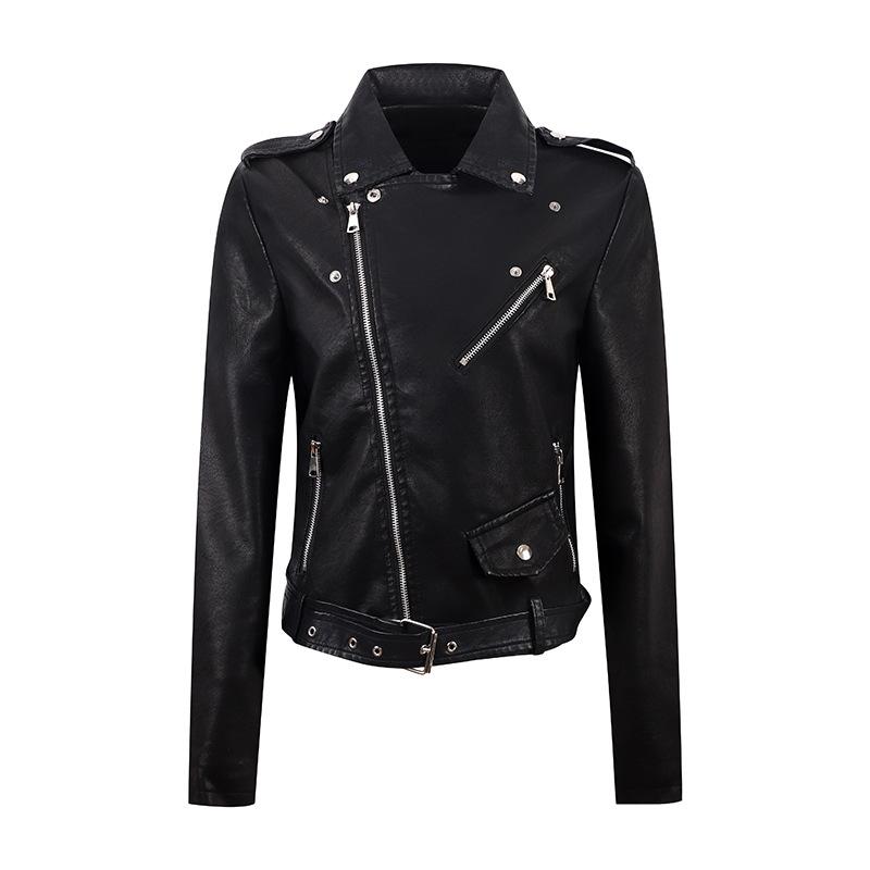 Women s Leather Jacket Women s Jacket Top Autumn and Winter PU Oblique Zipper Slim Fit Washed Motorcycle Leather Jacket M чёрный