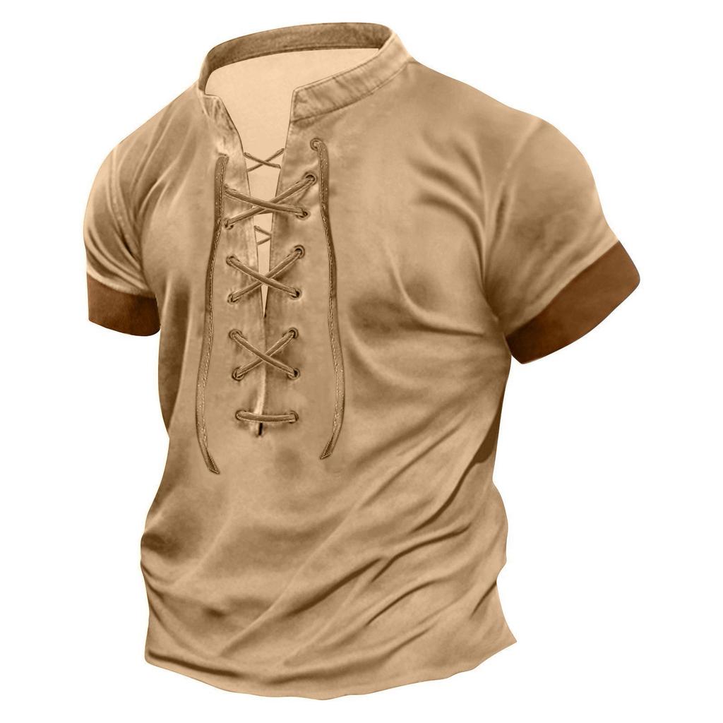 Men's Casual Lace-Up V-Neck Short Sleeve T-Shirt - Soft and Comfortable Summer Top