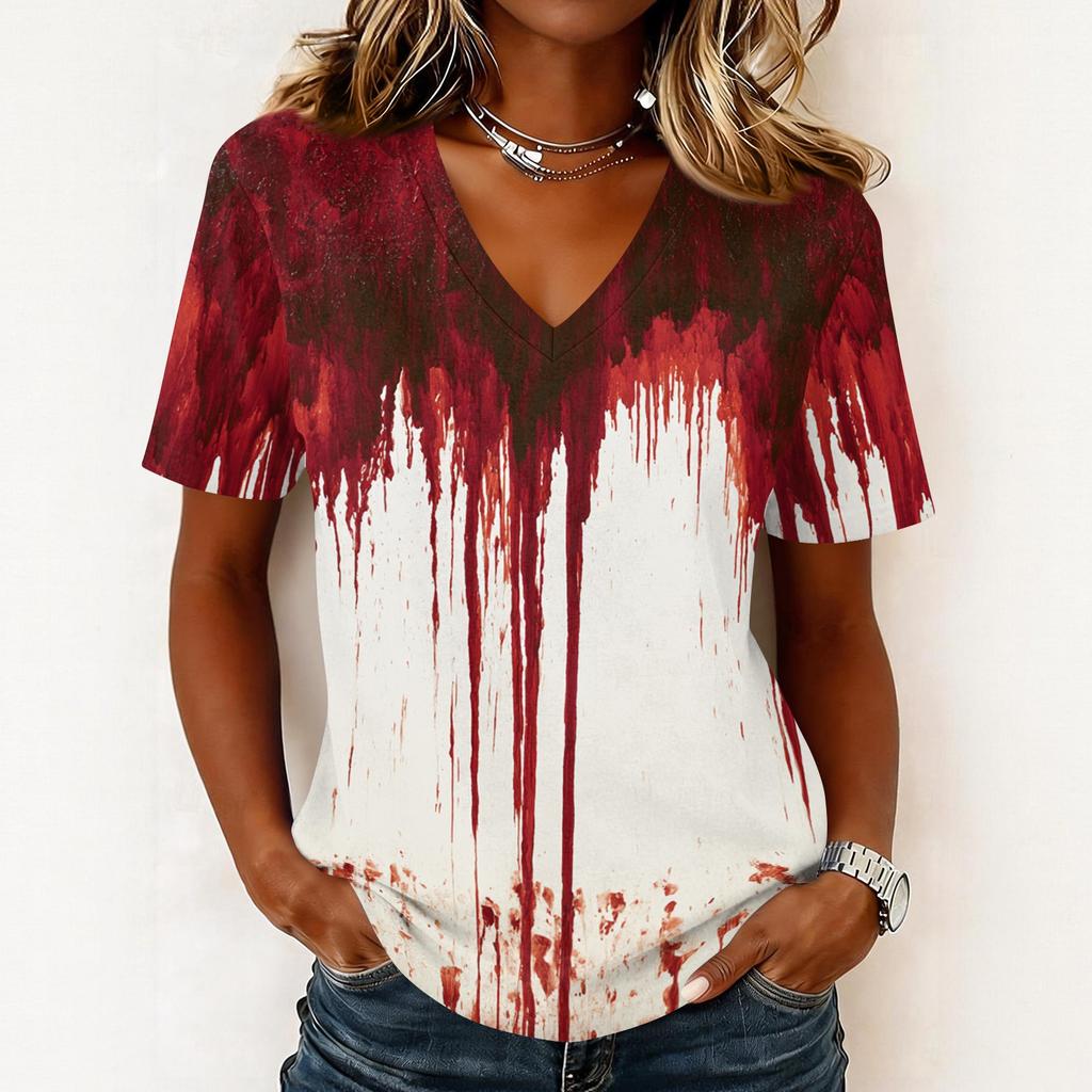 Haut pull décontracté à manches courtes et col en V pour femme, imprimé Halloween, coupe ample, t-shirt léger pour un usage quotidien
